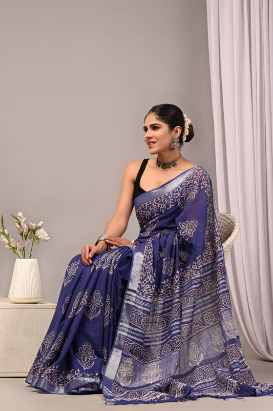Bagru Hand Block Printed Saree In Linen Cotton With Blouse Piece