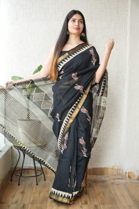 New Designer Hand Block Print Maheshwari Silk Saree