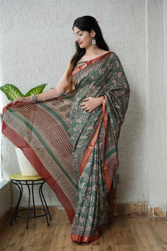 New Designer Hand Block Print Maheshwari Silk Saree