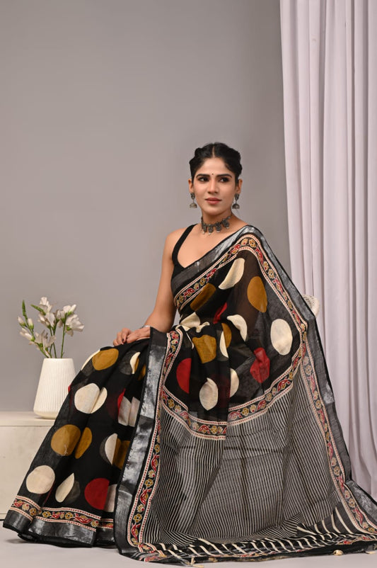 Bagru Hand Block Printed Saree In Linen Cotton With Blouse Piece