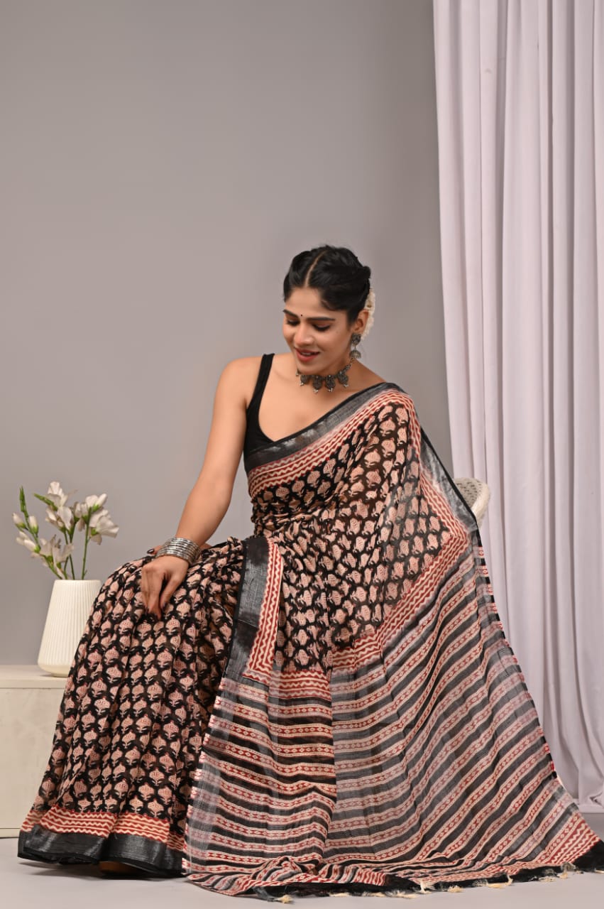 Bagru Hand Block Printed Saree In Linen Cotton With Blouse Piece