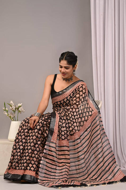 Bagru Hand Block Printed Saree In Linen Cotton With Blouse Piece