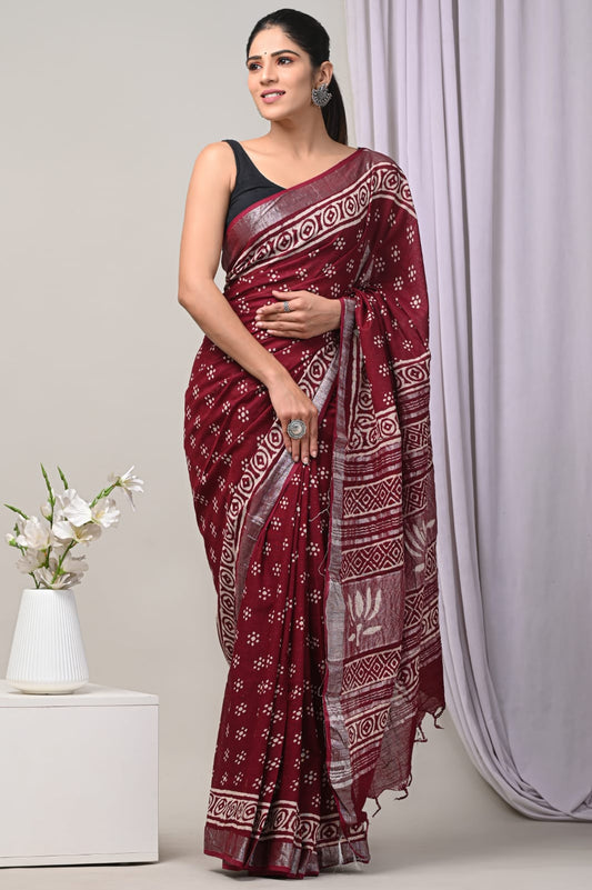 Bagru Hand Block Printed Saree In Linen Cotton With Blouse Piece