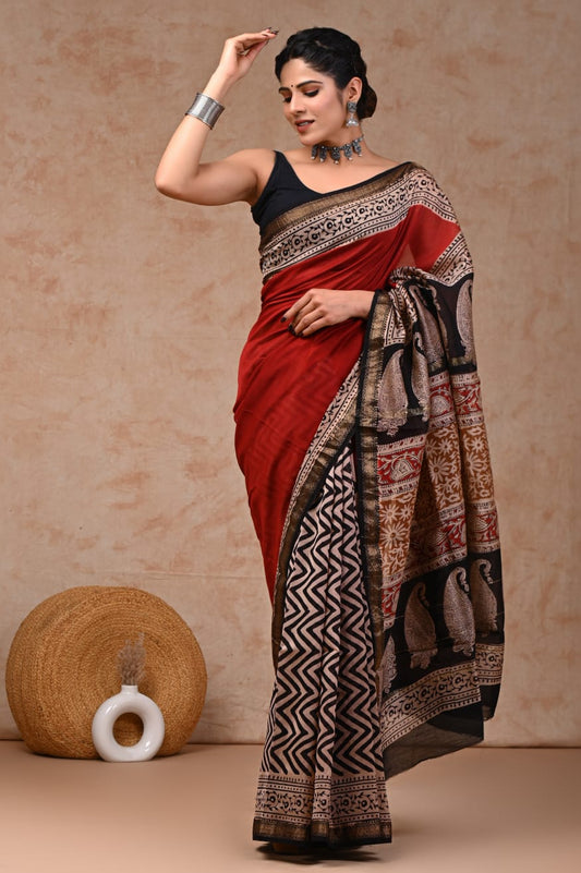 New Designer Hand Block Print Maheshwari Silk Saree