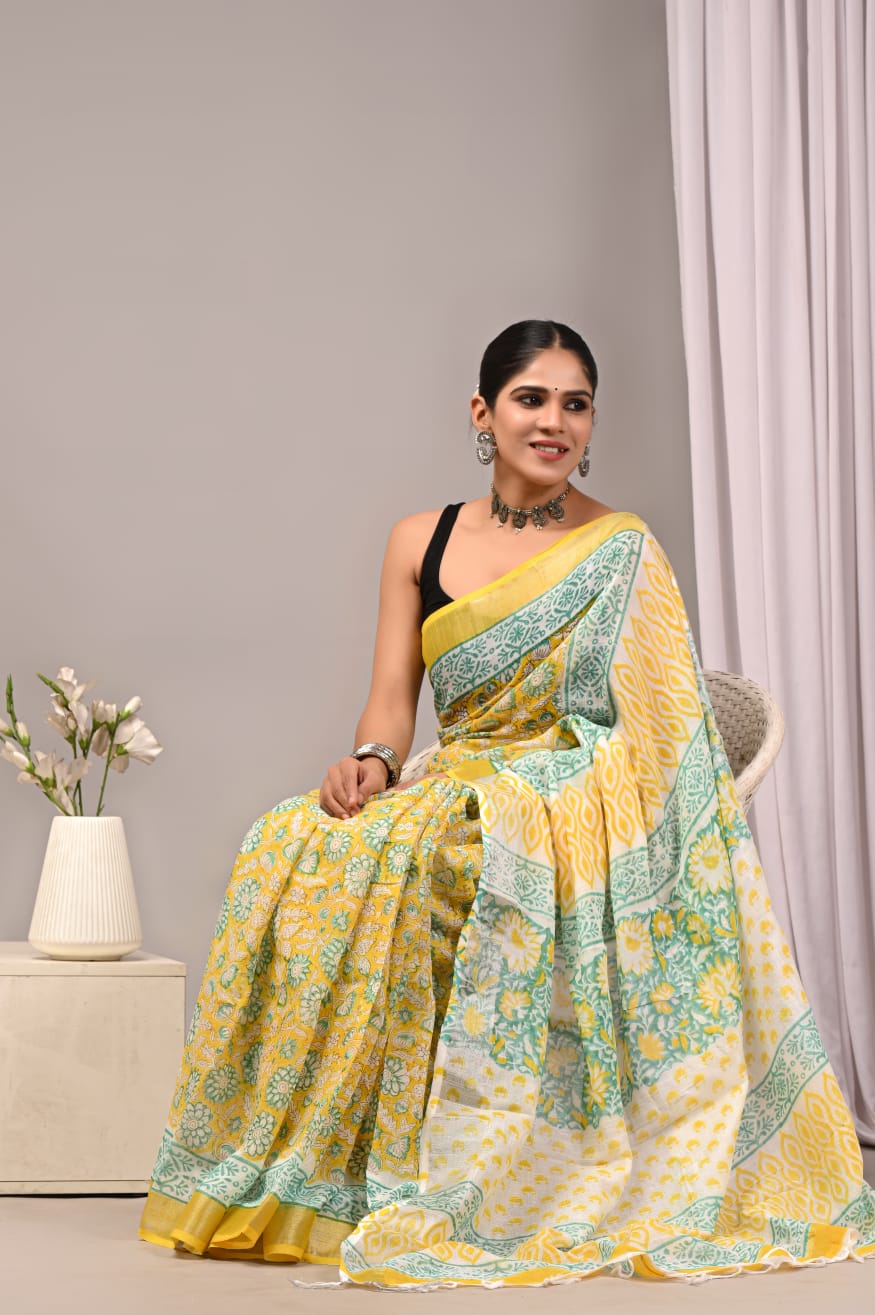 Bagru Hand Block Printed Saree In Linen Cotton With Blouse Piece