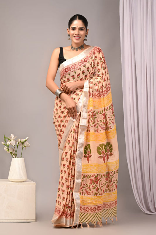 Bagru Hand Block Printed Saree In Linen Cotton With Blouse Piece