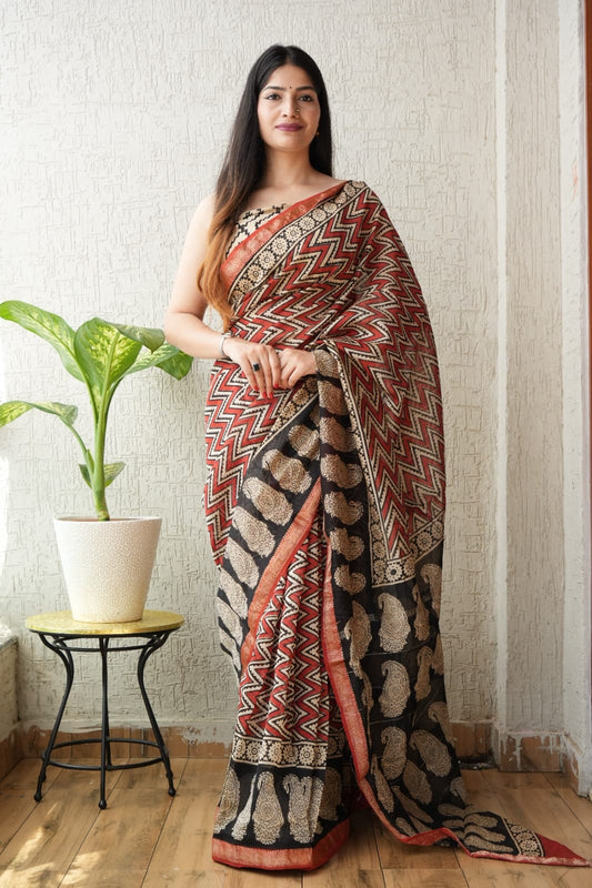 New Designer Hand Block Print Maheshwari Silk Saree