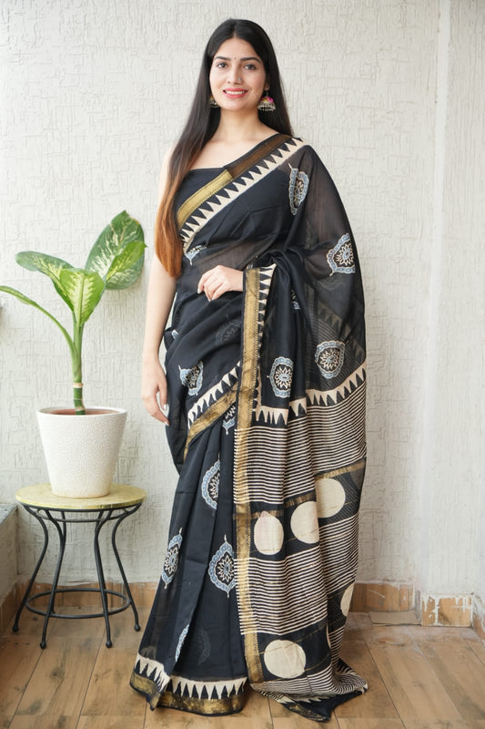 New Designer Hand Block Print Maheshwari Silk Saree