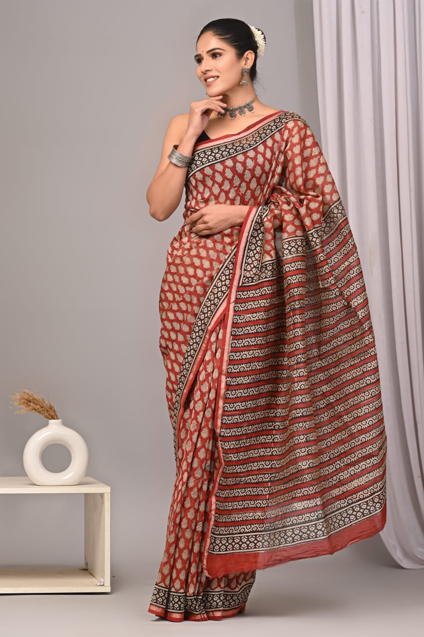 New Designer Hand Block Print Chanderi Silk Saree