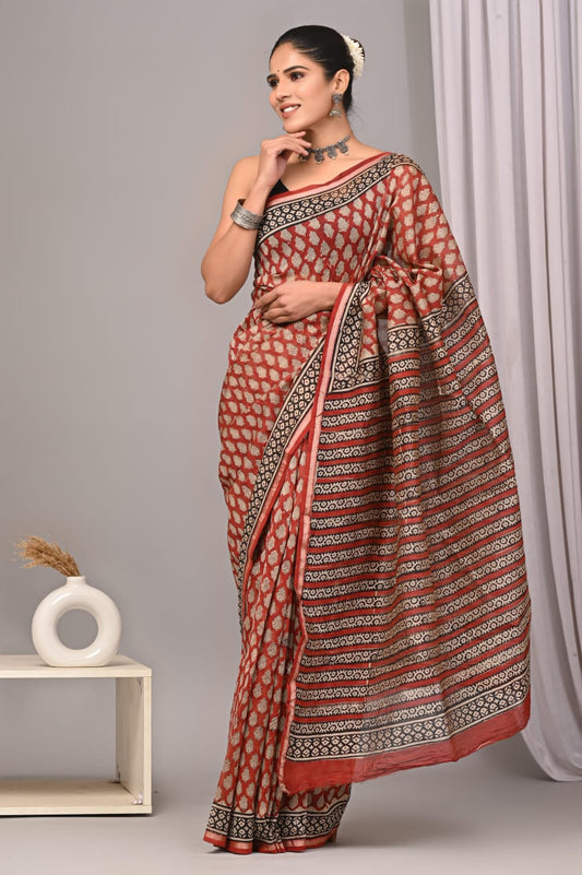 New Designer Hand Block Print Chanderi Silk Saree