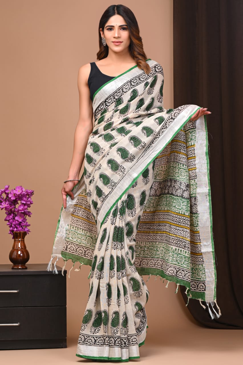 Bagru Hand Block Printed Saree In Linen Cotton With Blouse Piece