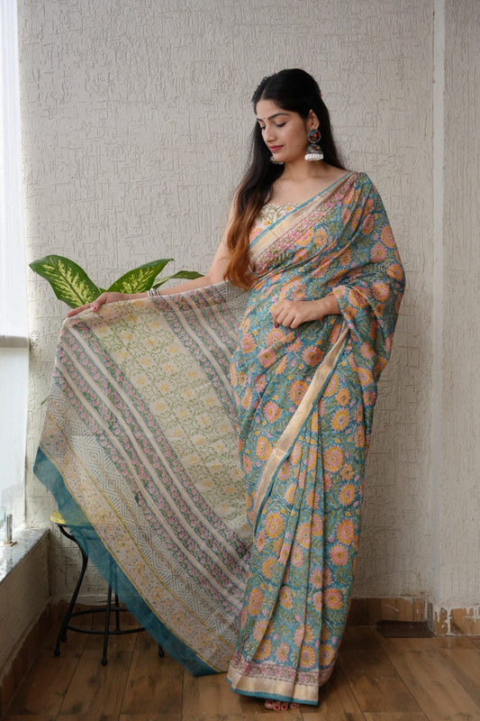 New Designer Hand Block Print Maheshwari Silk Saree