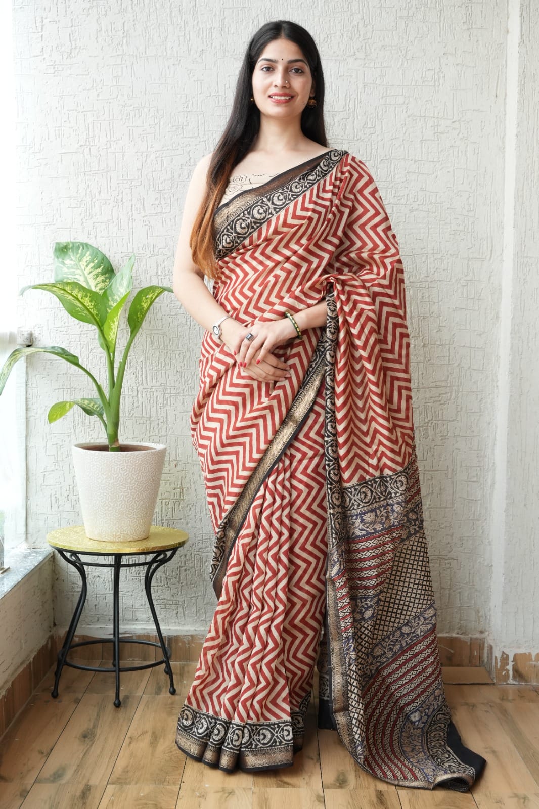 New Designer Hand Block Print Maheshwari Silk Saree