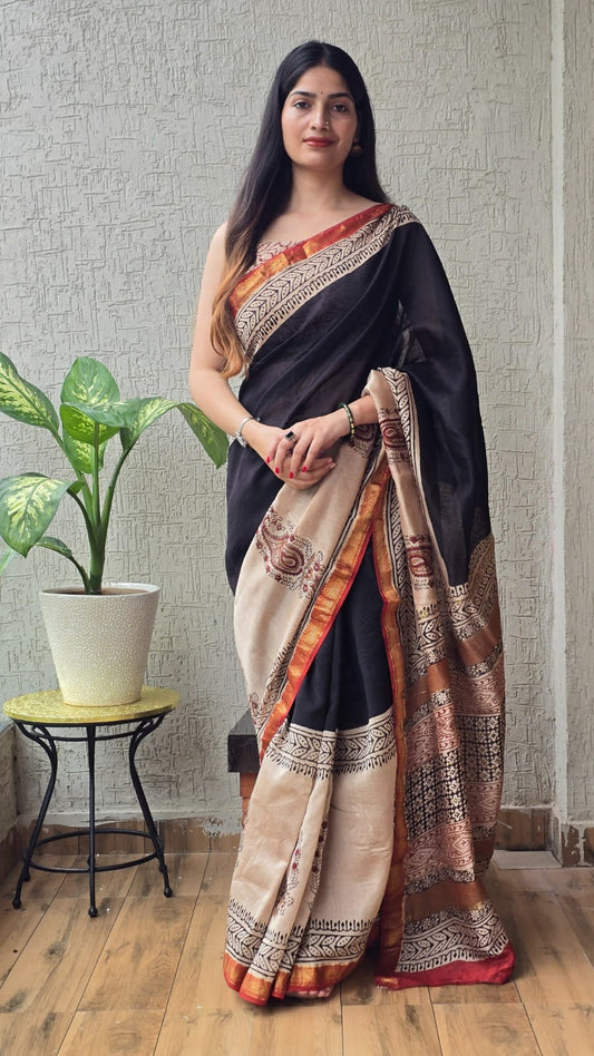 New Designer Hand Block Print Maheshwari Silk Saree