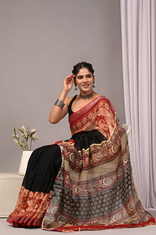 Bagru Hand Block Printed Saree In Linen Cotton With Blouse Piece