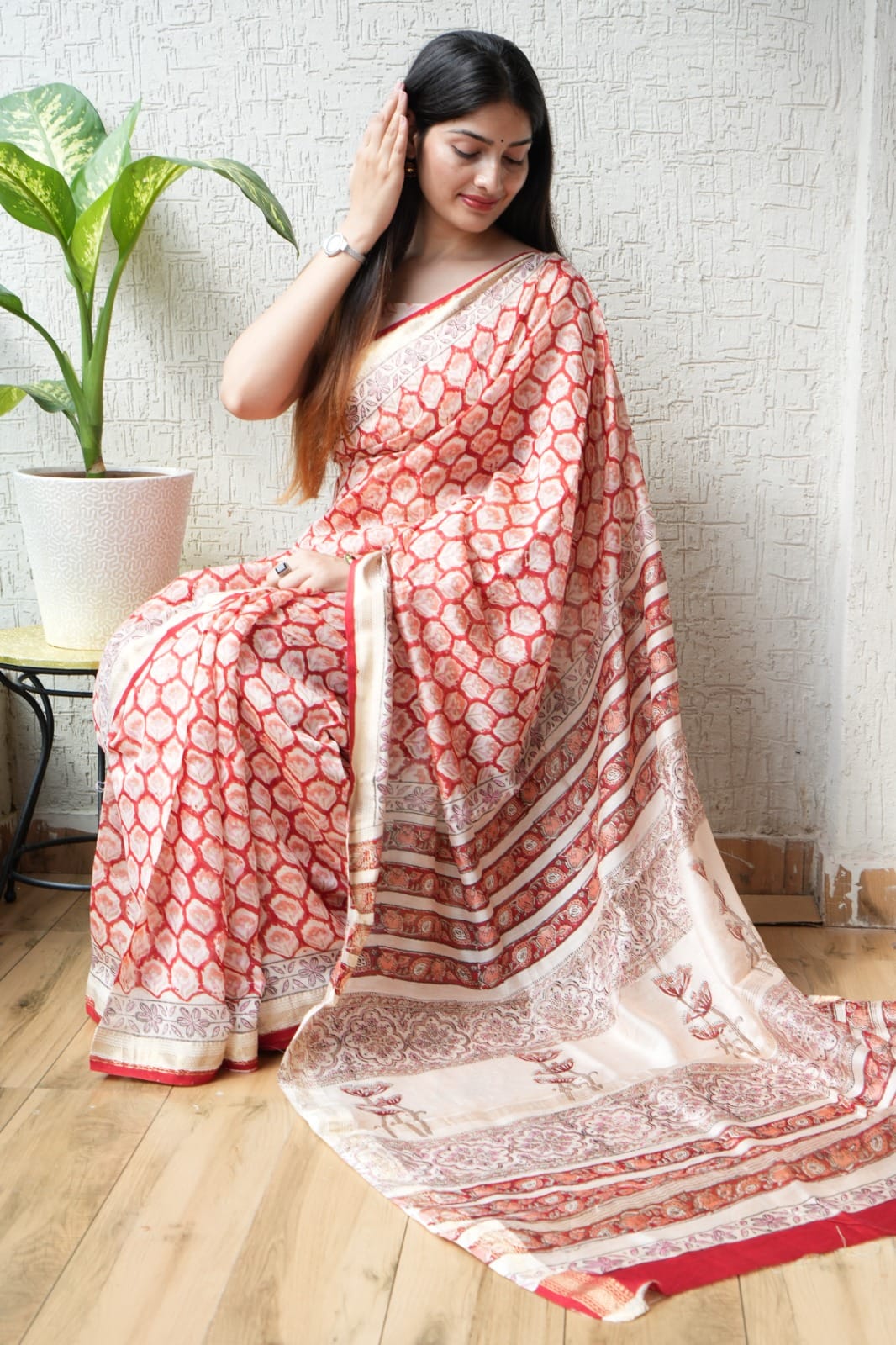 New Designer Hand Block Print Maheshwari Silk Saree