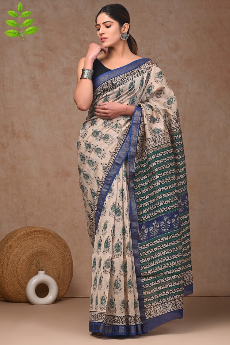 New Designer Hand Block Print Maheshwari Silk Saree