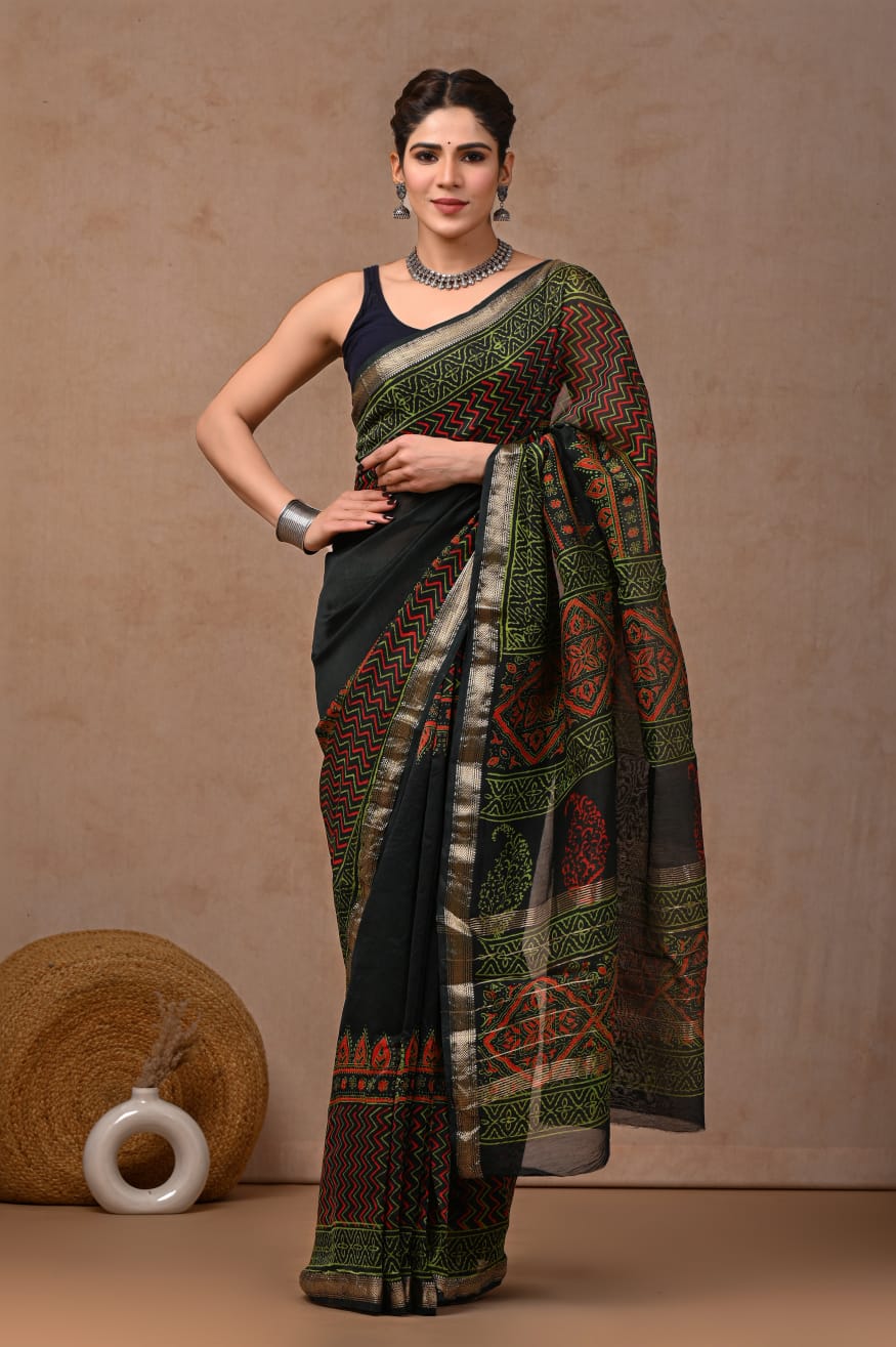 New Designer Hand Block Print Maheshwari Silk Saree