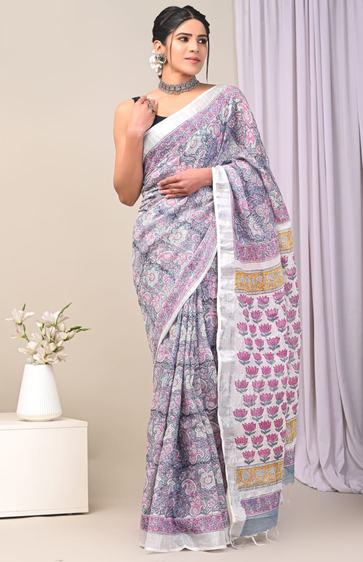 Bagru Hand Block Printed Saree In Linen Cotton With Blouse Piece