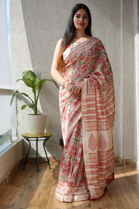 New Designer Hand Block Print Maheshwari Silk Saree