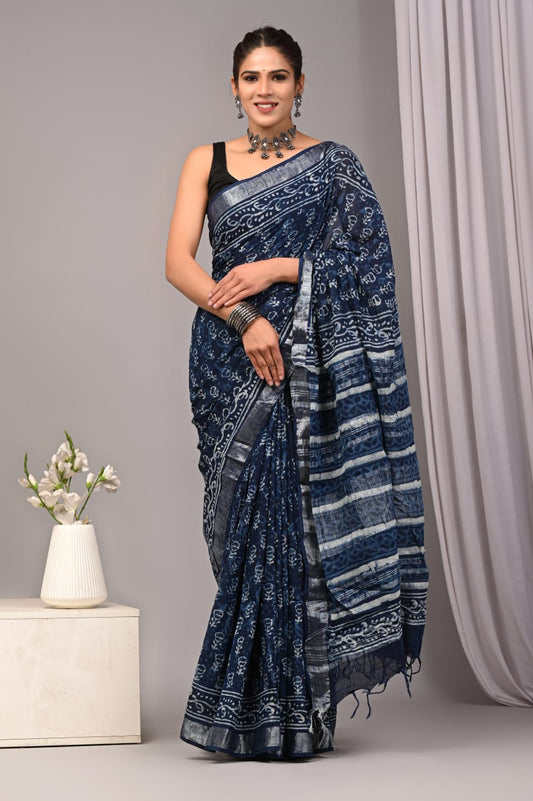 Bagru Hand Block Printed Saree In Linen Cotton With Blouse Piece