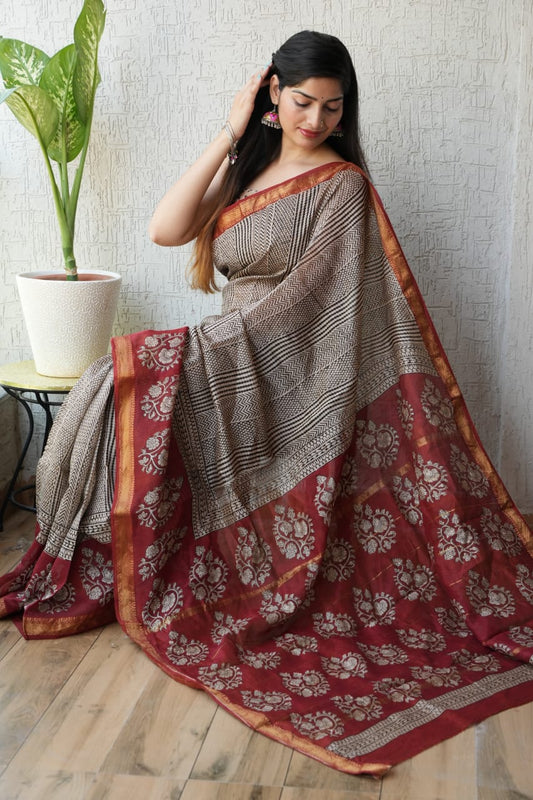 New Designer Hand Block Print Maheshwari Silk Saree