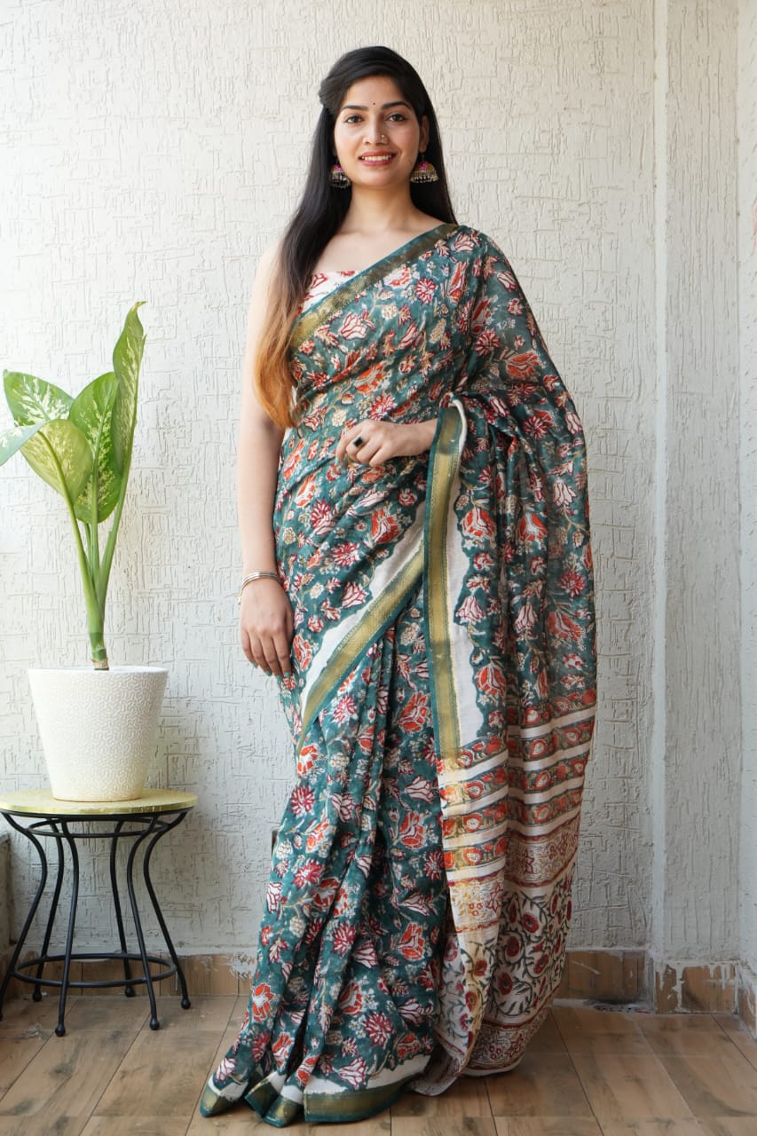 New Designer Hand Block Print Maheshwari Silk Saree