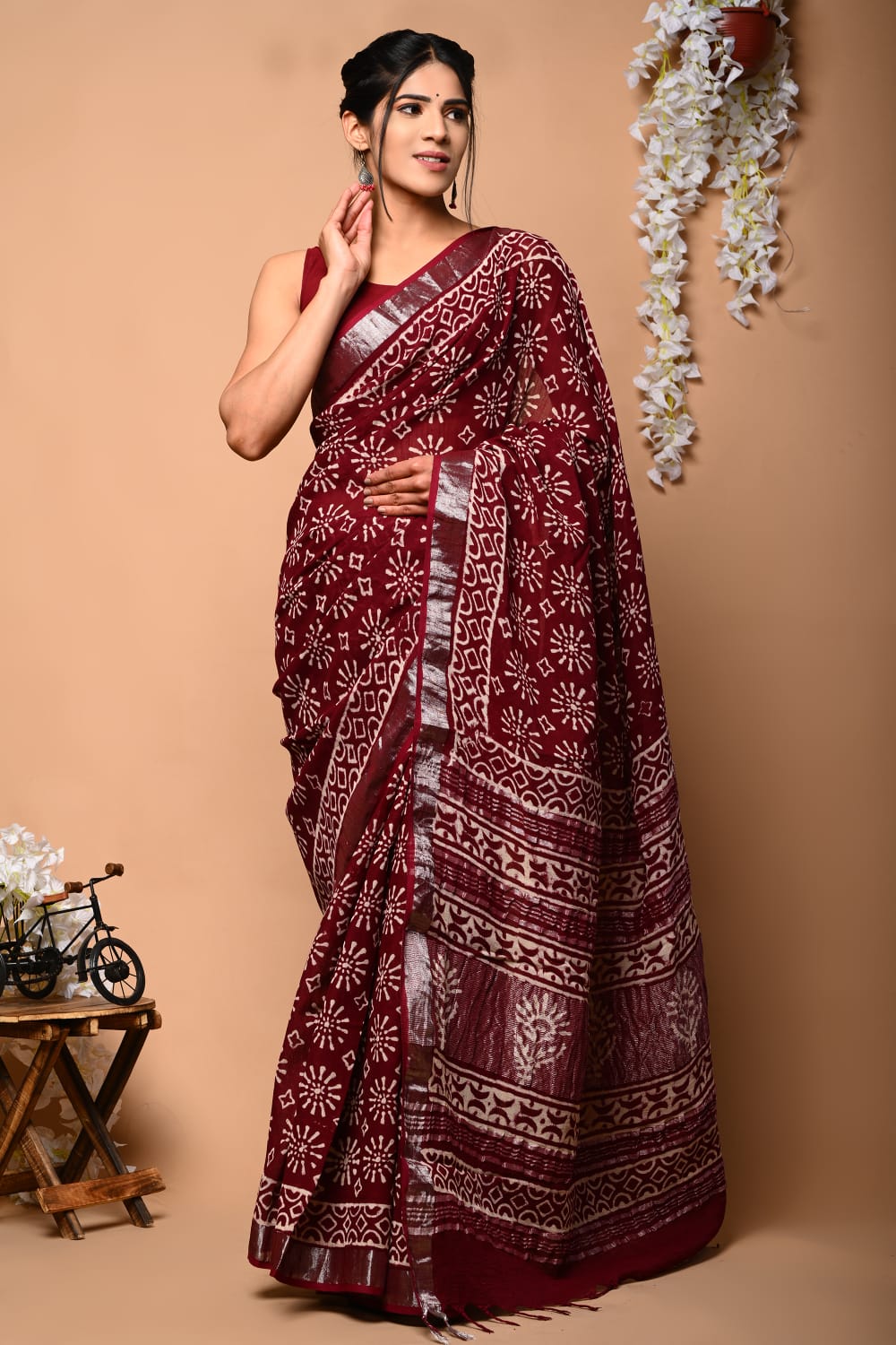Bagru Hand Block Printed Saree In Linen Cotton With Blouse Piece