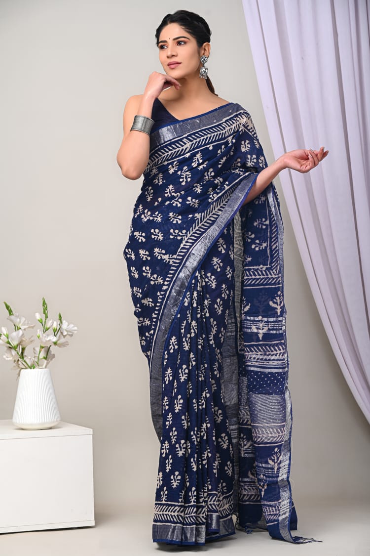 Bagru Hand Block Printed Saree In Linen Cotton With Blouse Piece