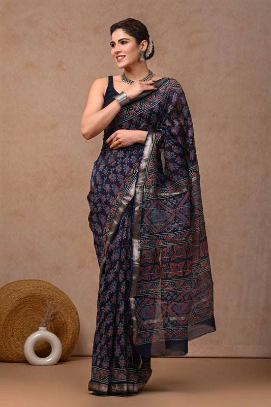 New Designer Hand Block Print Maheshwari Silk Saree
