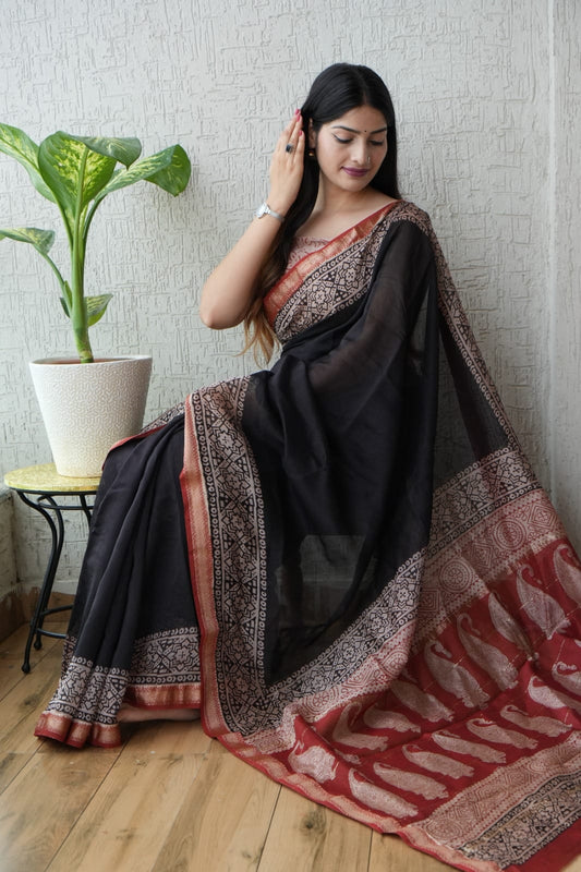 New Designer Hand Block Print Maheshwari Silk Saree