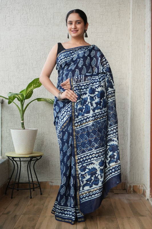New Designer Hand Block Print Chanderi Silk Saree