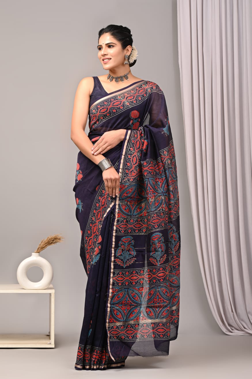 New Designer Hand Block Print Chanderi Silk Saree