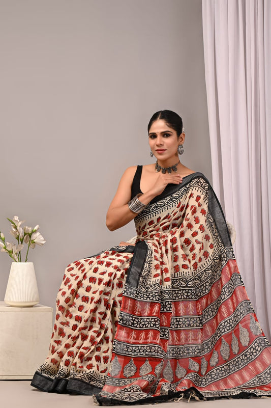Bagru Hand Block Printed Saree In Linen Cotton With Blouse Piece