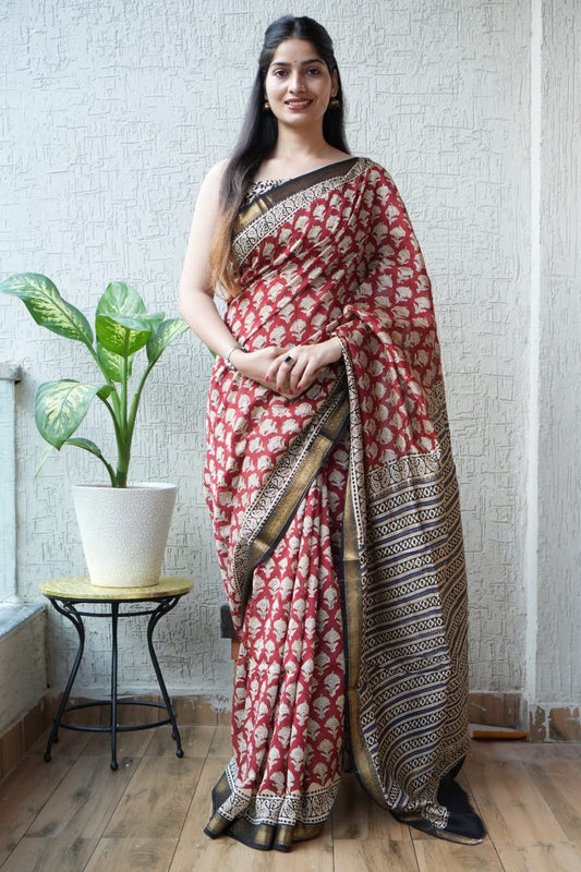 New Designer Hand Block Print Maheshwari Silk Saree