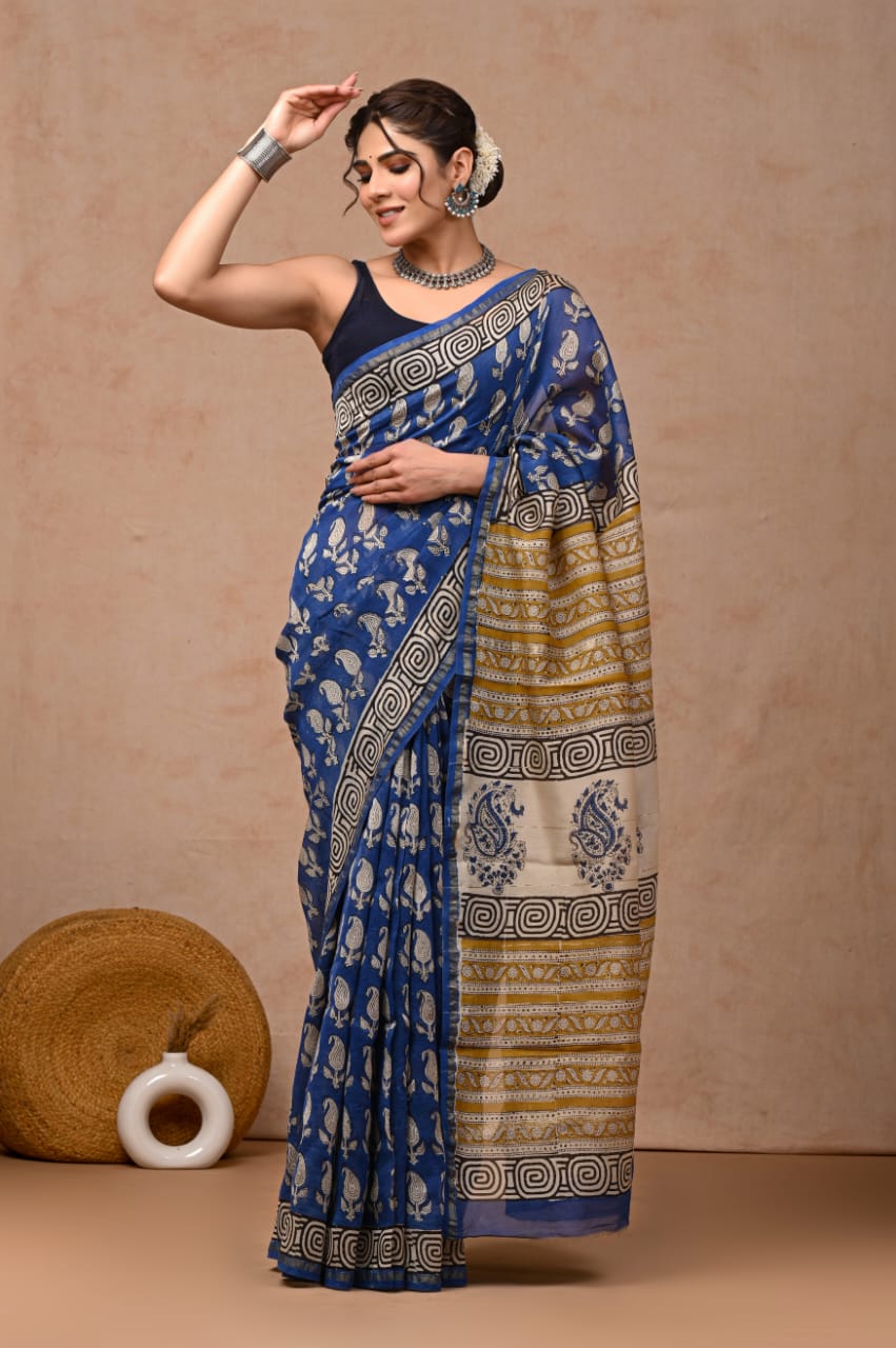 New Designer Hand Block Print Chanderi Silk Saree