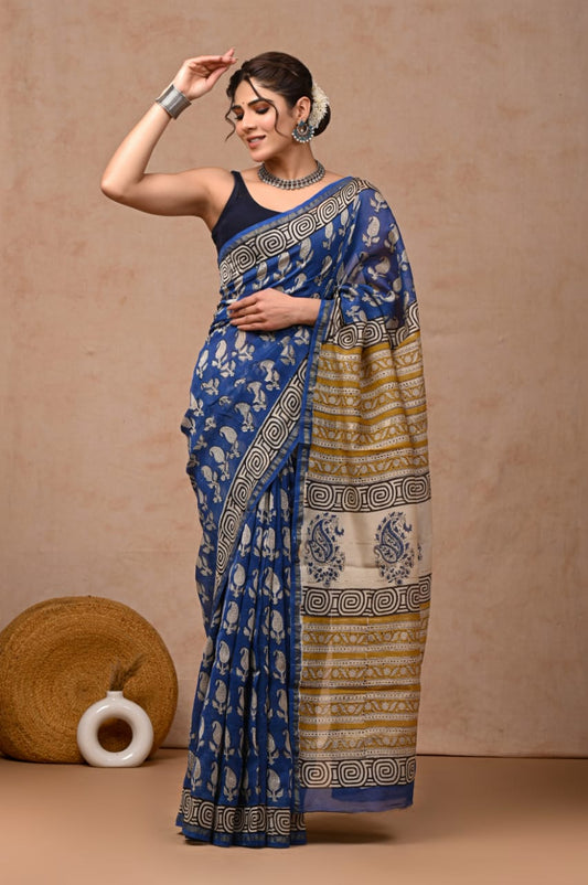 New Designer Hand Block Print Chanderi Silk Saree