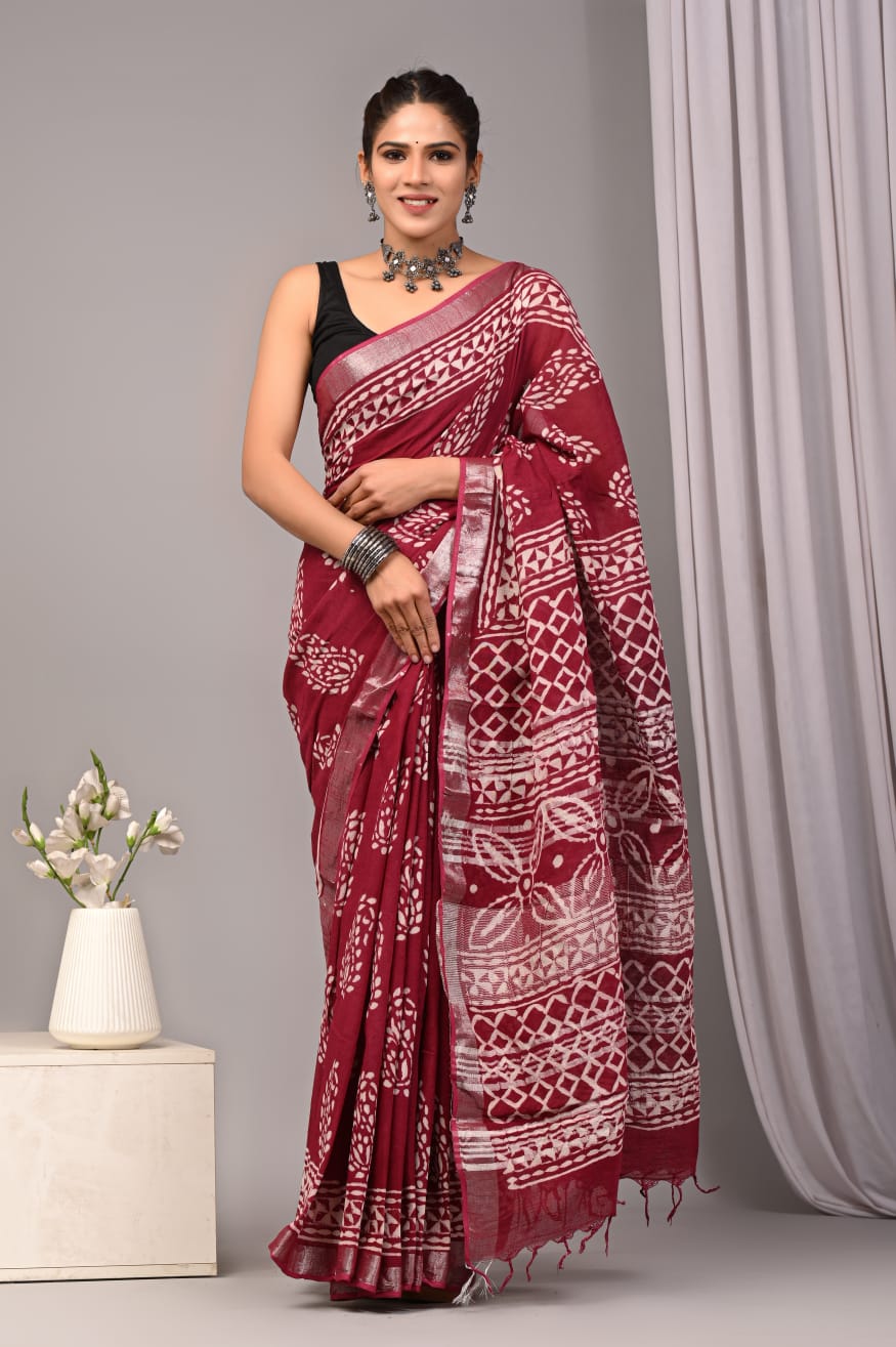 Bagru Hand Block Printed Saree In Linen Cotton With Blouse Piece