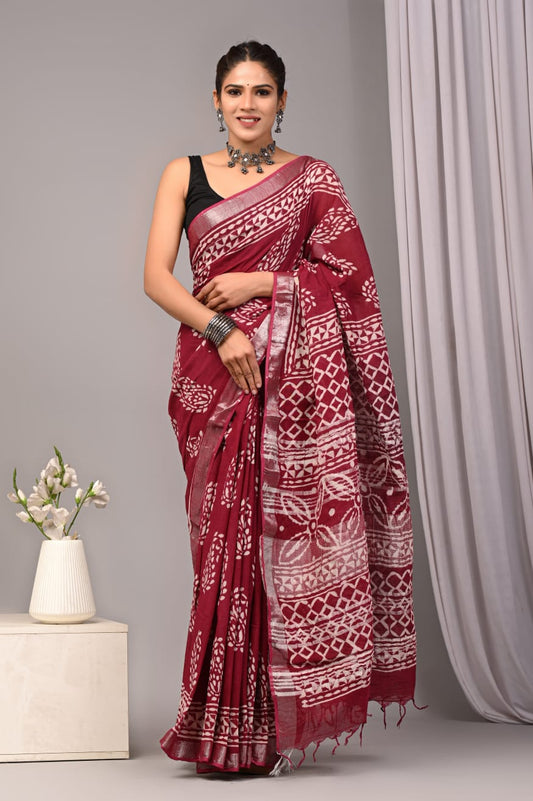 Bagru Hand Block Printed Saree In Linen Cotton With Blouse Piece