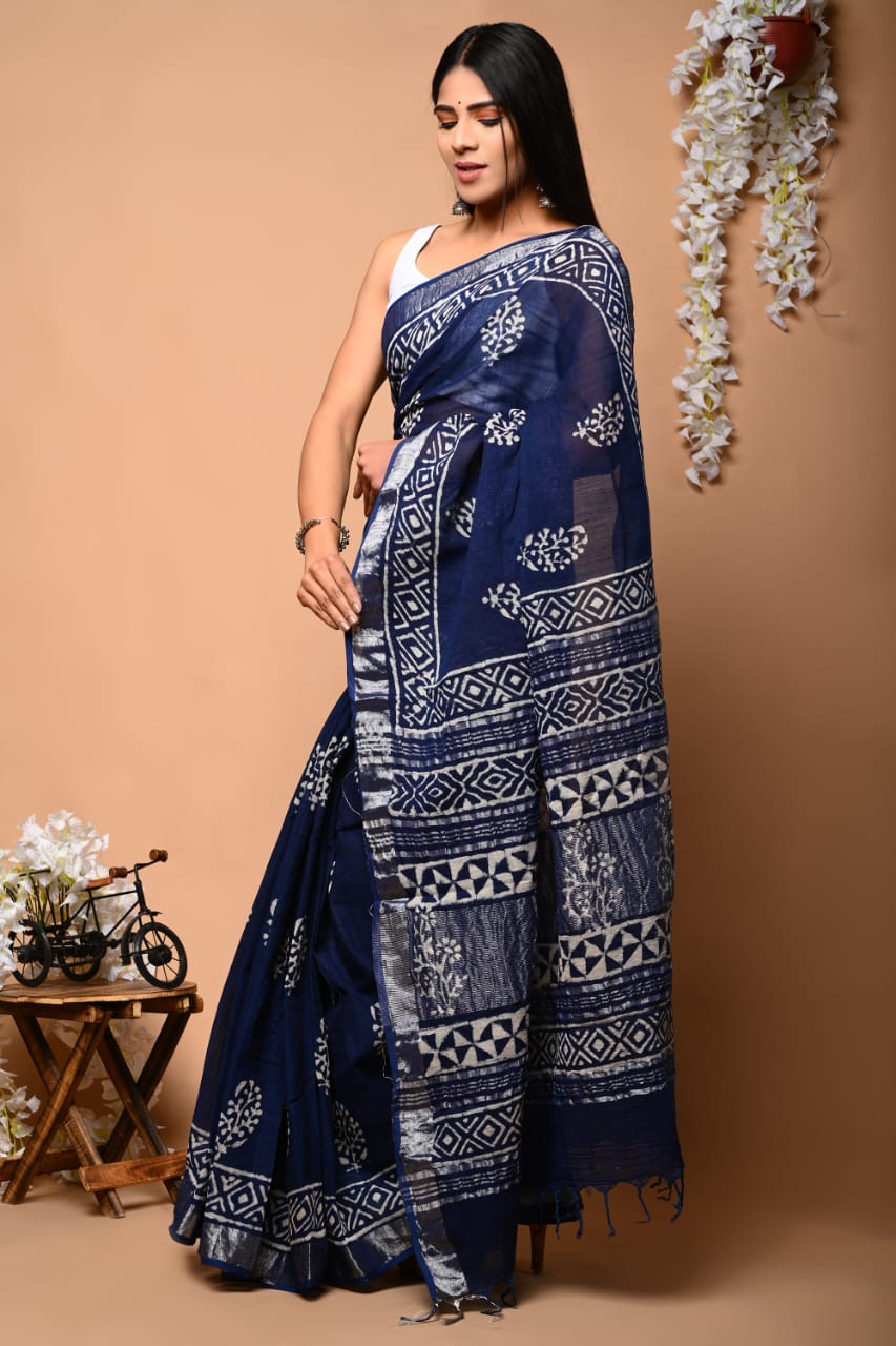 Bagru Hand Block Printed Saree In Linen Cotton With Blouse Piece