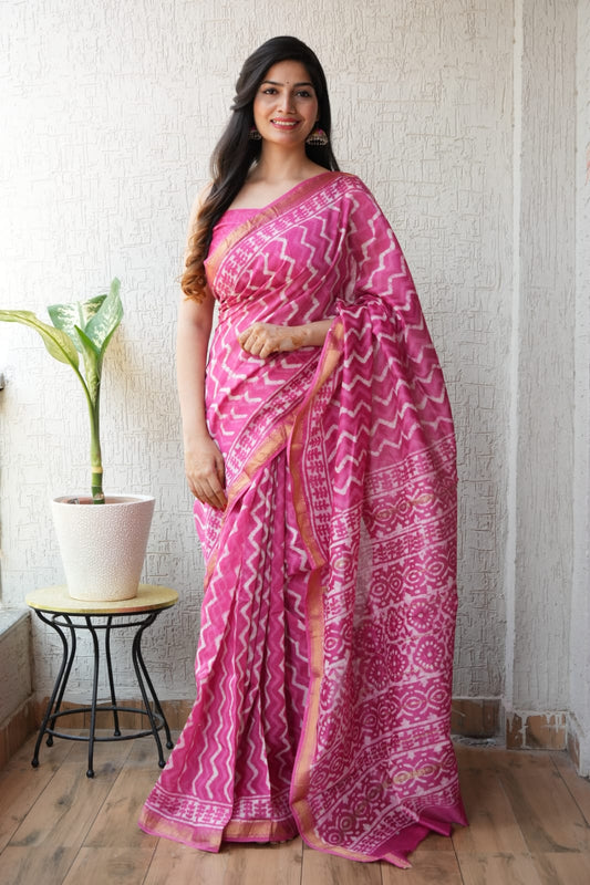New Designer Hand Block Print Maheshwari Silk Saree