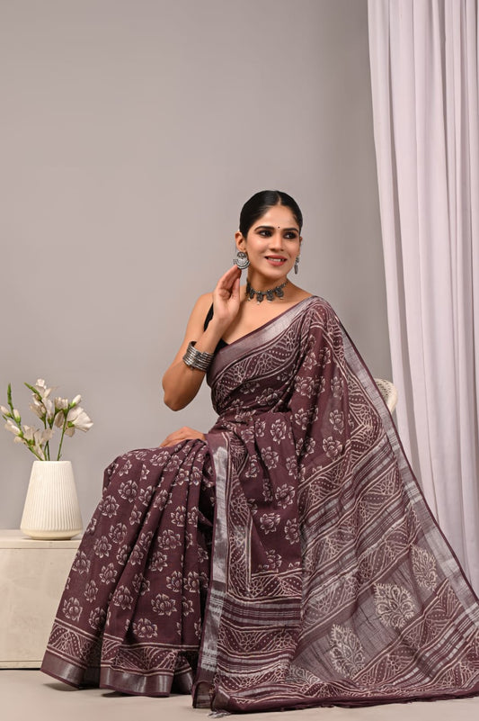 Bagru Hand Block Printed Saree In Linen Cotton With Blouse Piece