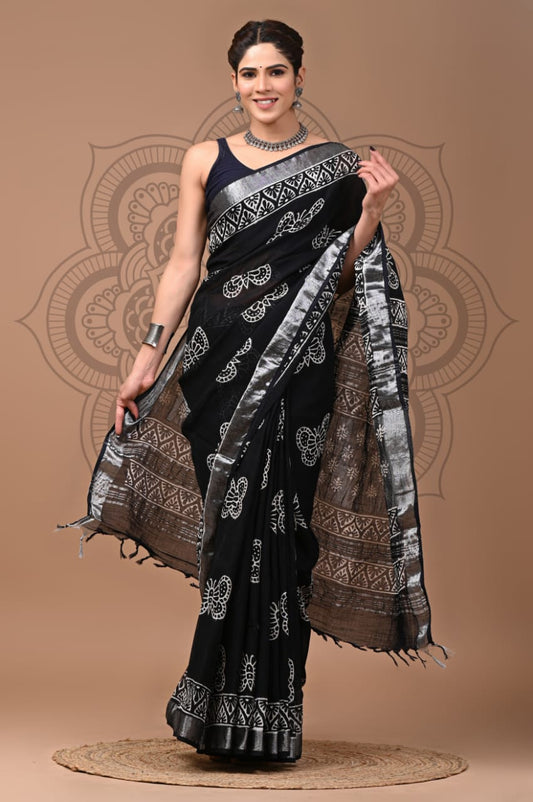 Bagru Hand Block Printed Saree In Linen Cotton With Blouse Piece