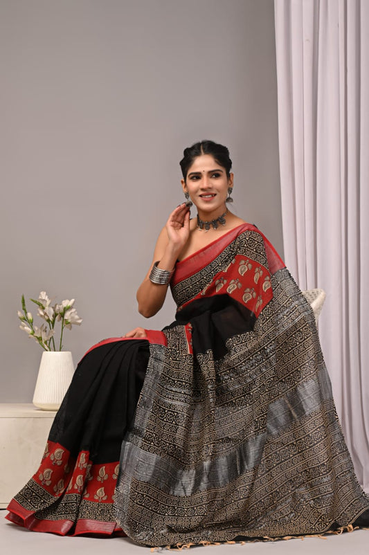 Bagru Hand Block Printed Saree In Linen Cotton With Blouse Piece