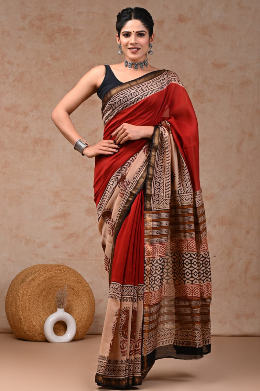 New Designer Hand Block Print Maheshwari Silk Saree