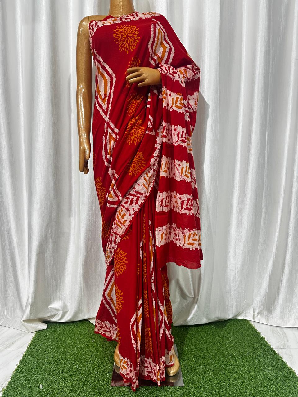 Batik Hand Block Printed Cotton Saree With Blouse Piece