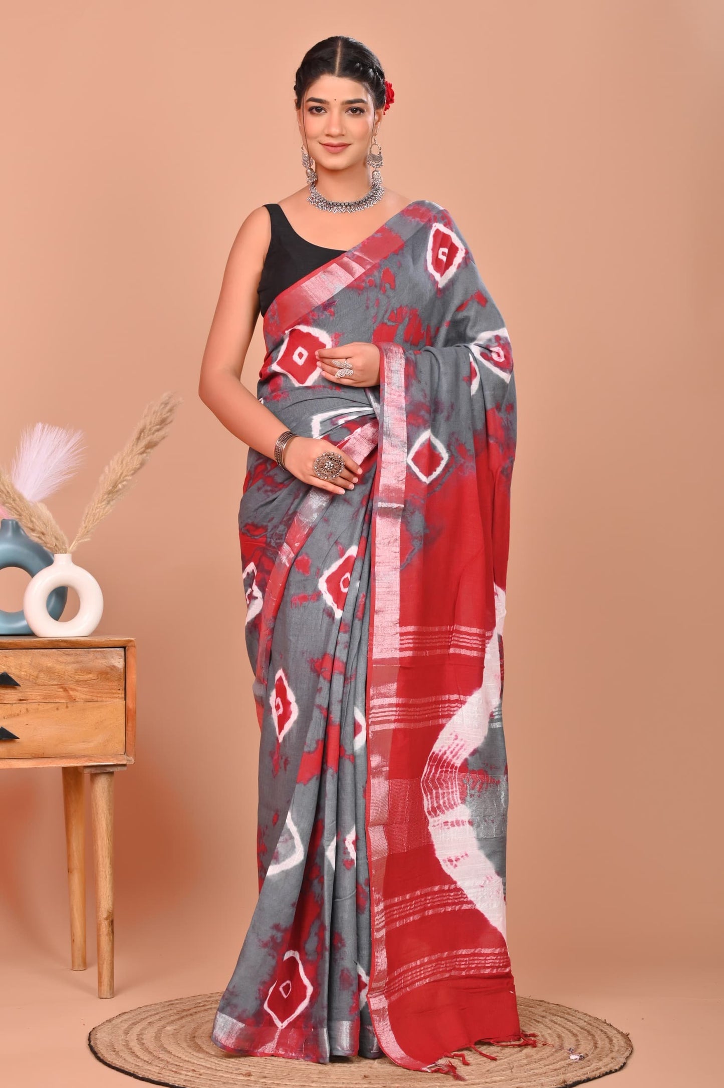 Shibori / Tye-dye Linen Cotton Saree With Blouse Piece