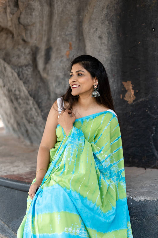 Green and Blue - Tie and Dye Saree Online
